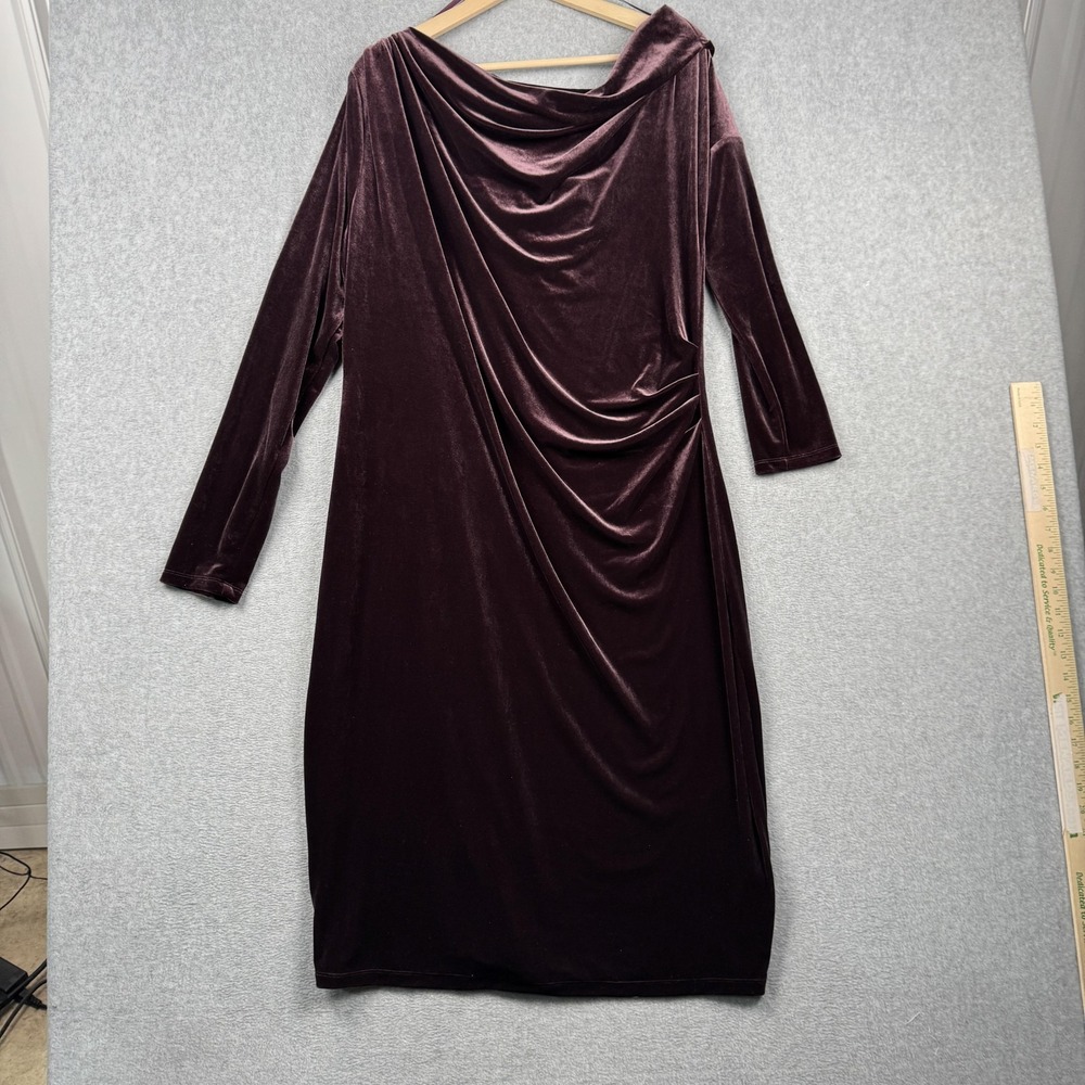 Lauren Ralph Lauren Velvet Dress Womens 18 Plum Cowl Neck Ruched Long Sleeve NEW